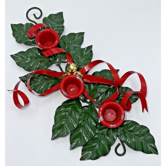 Vintage Christmas Department 56 Metal Holly Ribbon Candle Holder 3 Candles 12” - Picture 2 of 13